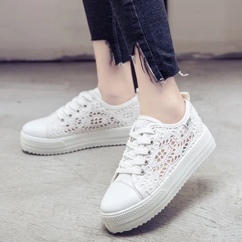 

2020 new Women Shoes Summer Fashion Casual Cutouts Lace Canvas Shoes Hollow Floral Breathable Platform Flat Shoe