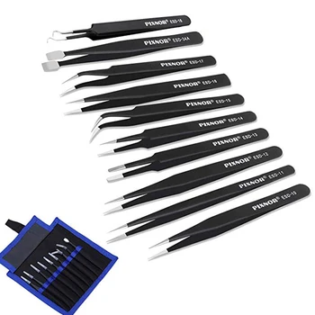 

10Pcs ESD Antistatic Tweezers Tool Set High Precision Tip Curved Straight Tweezer Stainless Multifunction Nipper Repair Tool Kit