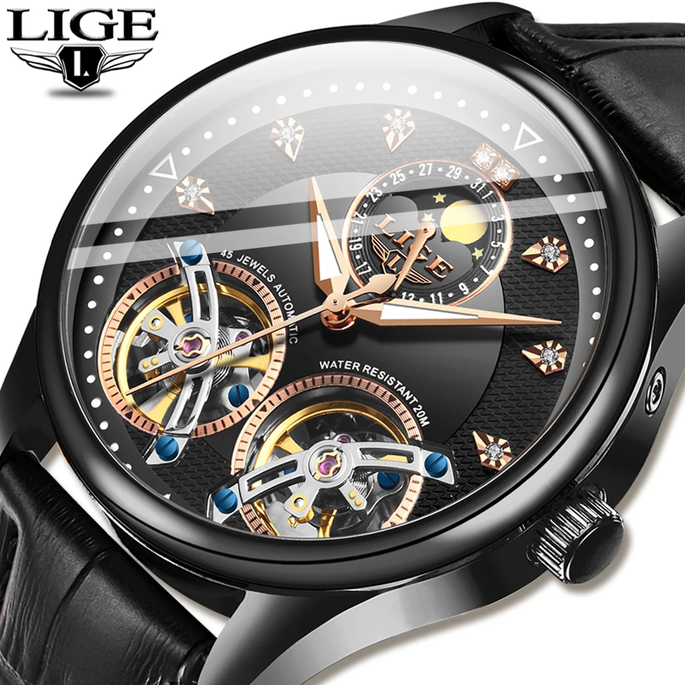 

LIGE New Business Men Mechanical Watch Automatic Tourbillon Fashion Watches Leather Waterproof Sport High Quality Watch Men 2020