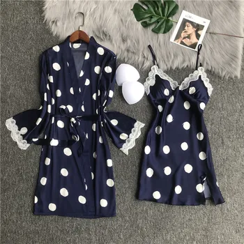 

Sexy Lace Gown Sets Women's Robe Polka Dot Female Sleepwear Lovely Bathrobe For Women Cosy Nightwear Silk Satin Home Clothes