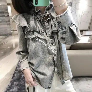 

Women Retro Denim Shirt Female Ruffles Collar Single Breasted Long Sleeve Blouse Lady Tops Spring and Summer