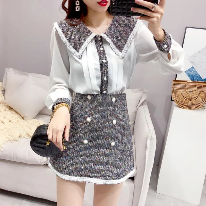 

Ladies Fashion Tweed 2 Piece Set Women Autumn New Peter pan collar Stitching Chiffon Shirt and Tweed High waist Mini Skirt Sets