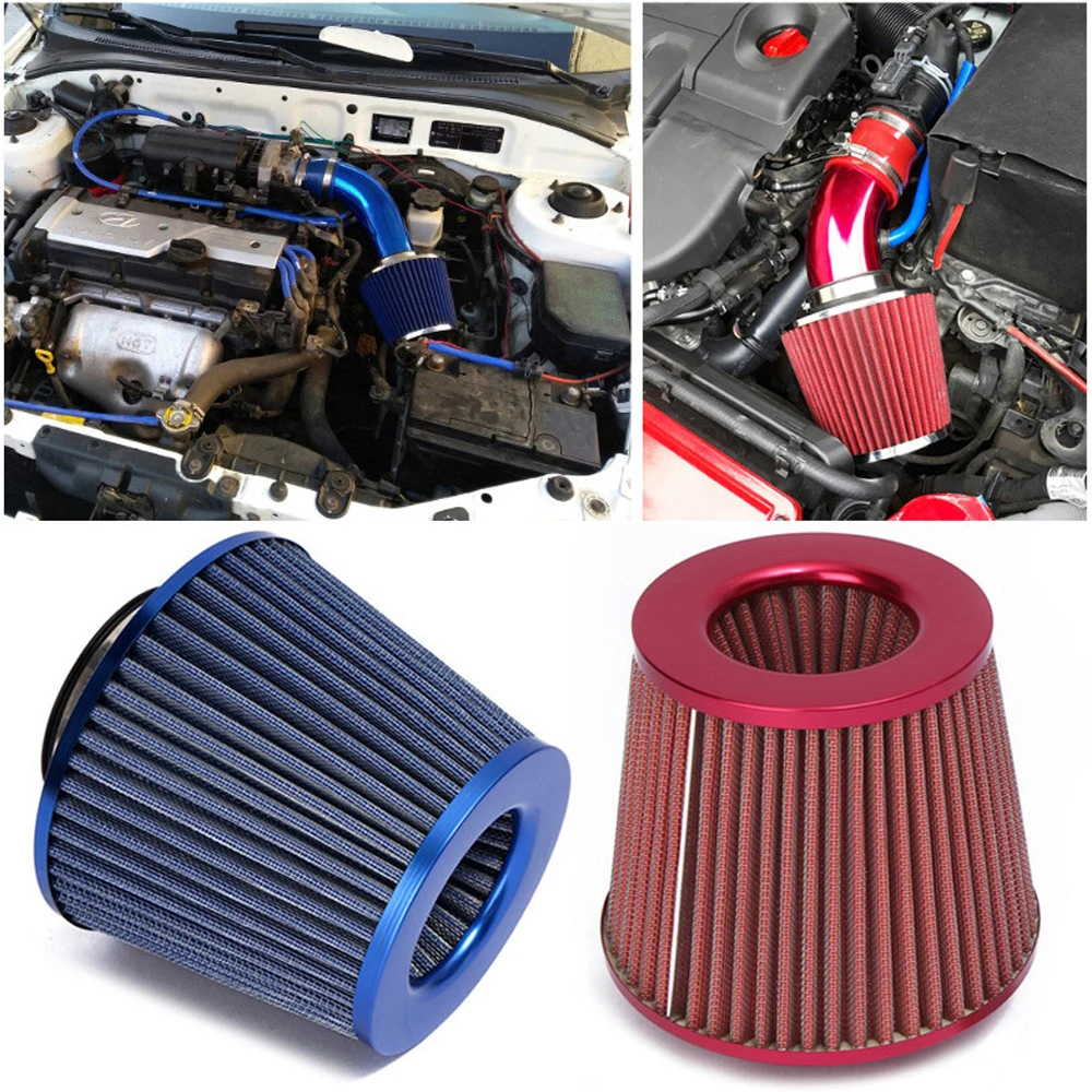 Universal RED & chrome Twin Cone Intake Air Filter Induction Kit Mesh Sports NEW 