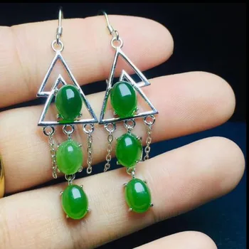 

925 Sterling Silver Natural Green Jade Triangular Frame Inlaid With Jasper Egg Surface Drop Earrings For Women Brincos