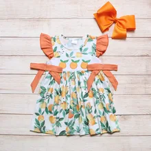 Ropa de verano para niñas, falda con estampado de hojas verdes y melocotón, sin mangas, con lazo naranja, tres patrones bordados