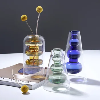 

Nordic Double-layer Creative Colored Glass Small Vase Creative Hydroponic Transparent Flower Ware Home Living Room Decoration