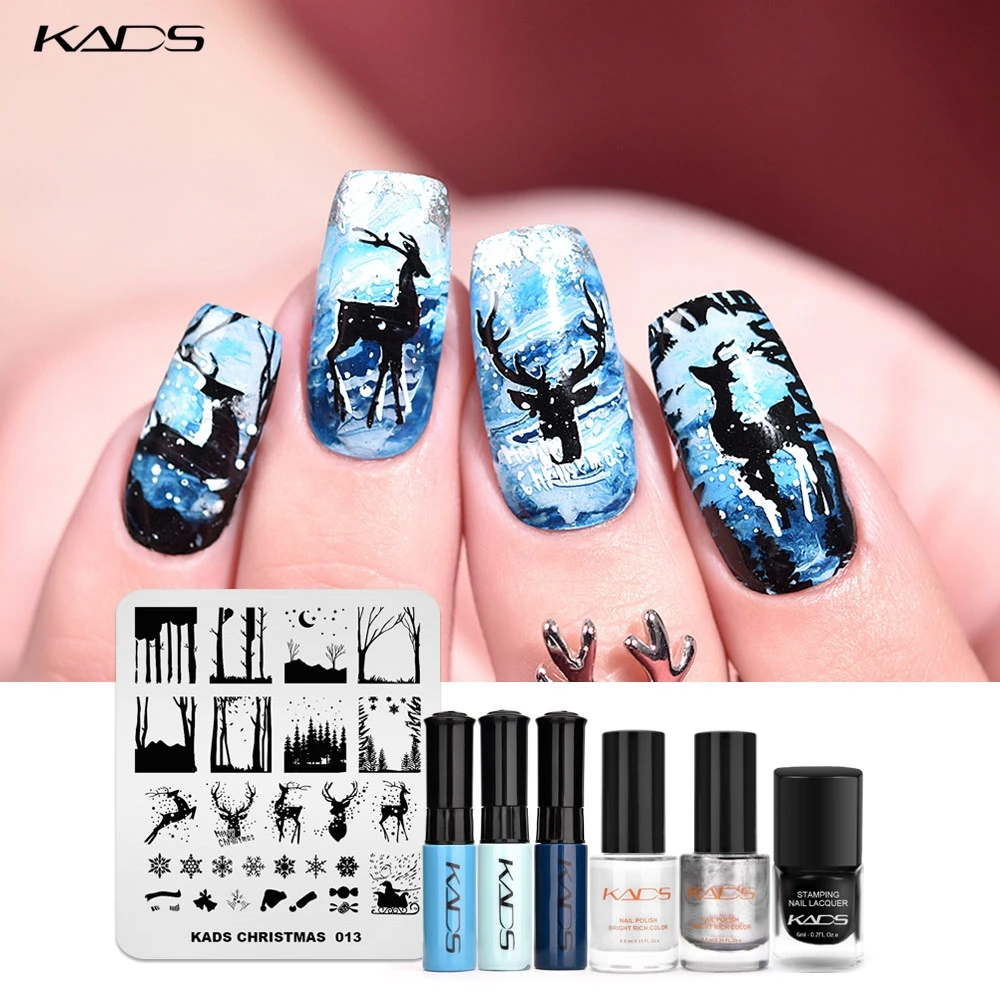 

KADS Nail Stamping Plates Set Christmas Forest Elk Snowflake Decoration Image Polish Print Transfer Manicure Template Tool Kit