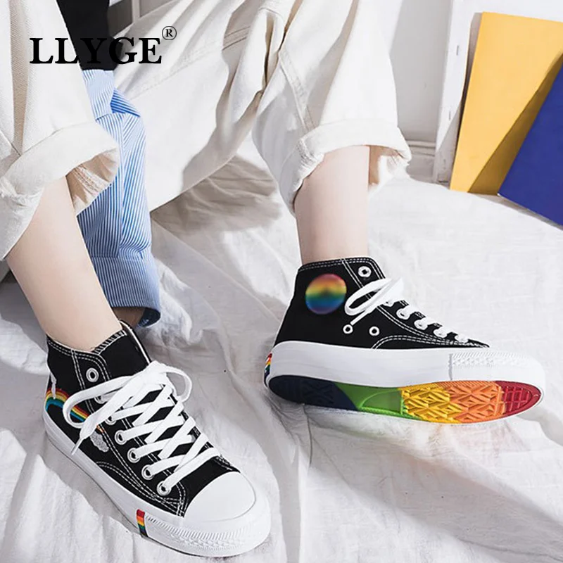 

2020 New Arrival Women High Top Rainbow Canvas Shoes Lace Up Flat Platform Woman Comfort Leisure Vulcanized Shoes Female Fashion