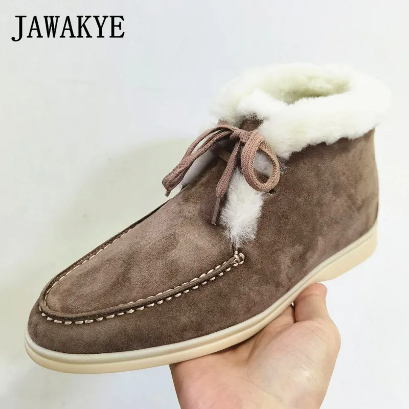 

JAWAKYE Women Flat Wool Boots Real Leather Suede Lace Up Casual Shoes Round Toe Comfort Furry Ankle Boots Outdoor Bottes Femmes