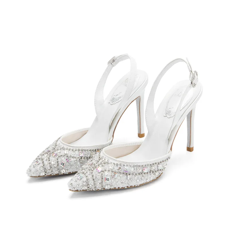 Zapatos de tacón de aguja con diamantes de imitación para mujer, sandalias de boda nupciales de talla pequeña, elegantes y sexys, para primavera y verano