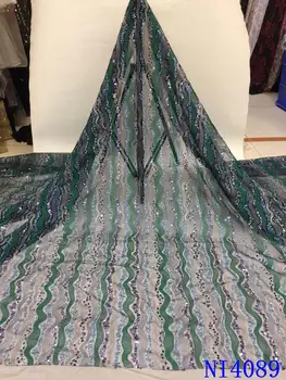 

NIAI African Embroidery Tulle Lace Fabric Green High Quality French Mesh Lace Fabric With Sequins NI4089