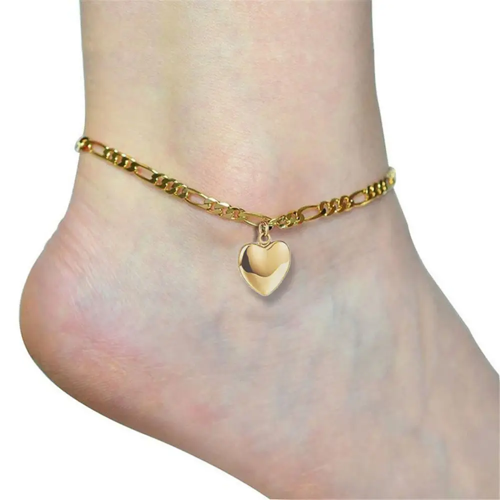 Women's Ankle Leg Bracelet Beach Jewelry Ladies Gold Color Stainless Steel Figaro Chain With Heart Pendant Anklets for Women silver anklet bracelet ankle chains fashion accessories
