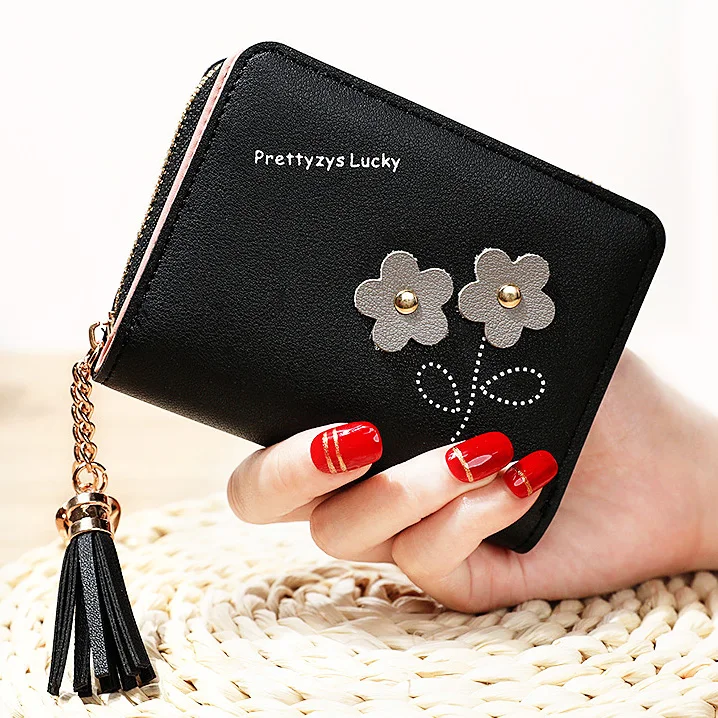 

Flower Tassel Zipper Women Wallet Leather Short Coin Purse Cards Holder Money Bags Mini Wallet Flower Wallets Girls Carteira