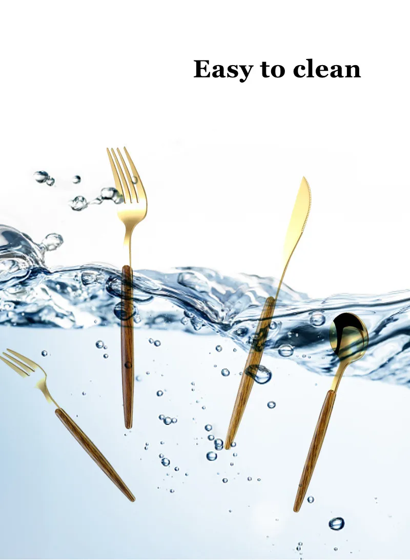 Description Picture 5 of item30Pcs Stainless Steel Dinner Gold Imitation Wooden Handle Dinnerware Knife Coffee Spoon Fork Cutlery Set Tableware Silverware