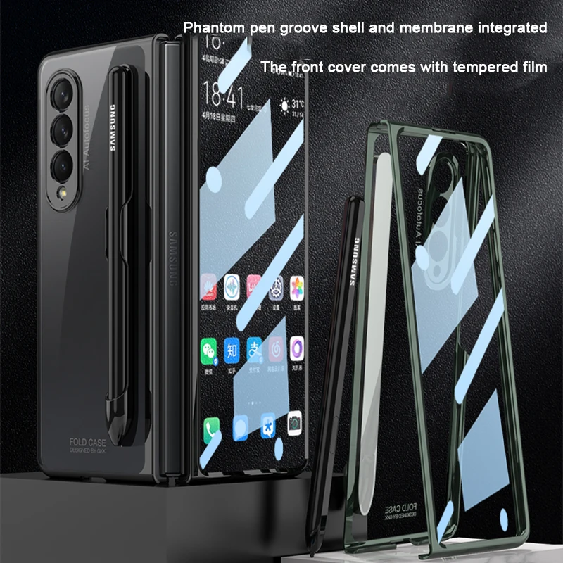 For Samsung Galaxy Z Fold 3 4 Cover Front Tempered Glass Transparent Case Plating Frame Hard Clear S Pen Slot Holder Back Case