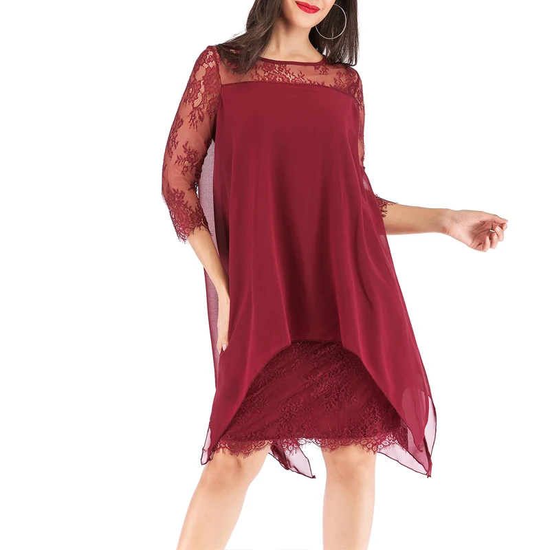 MISSJOY, новинка, кружевные платья с рукавами 3/4, женские, из кусков, шифон, нерегулярные, Круглый ворот, элегантные, одноцветные, для женщин, для вечеринки, открытые