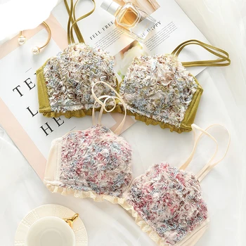 

2020 Vintage Women Underwear Fashion Sexy Lace Floral Brassiere Wireless Comfortable Shell Push Up Bra Set Seamless Lingerie