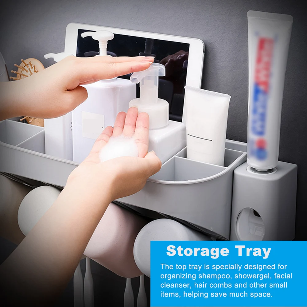 

Hot New Wall-mounted Toothbrush Holder &Automatic Toothpaste Dispenser Hair Dryer Rack Storage with Cups Organizer Bathroom Acc
