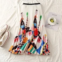 Модные миди плиссированная летняя юбка Для женщин мультфильм печатных юбка, суженная книзу корейский женский эластичный пояс юбка А-образного силуэта Vestidos женский