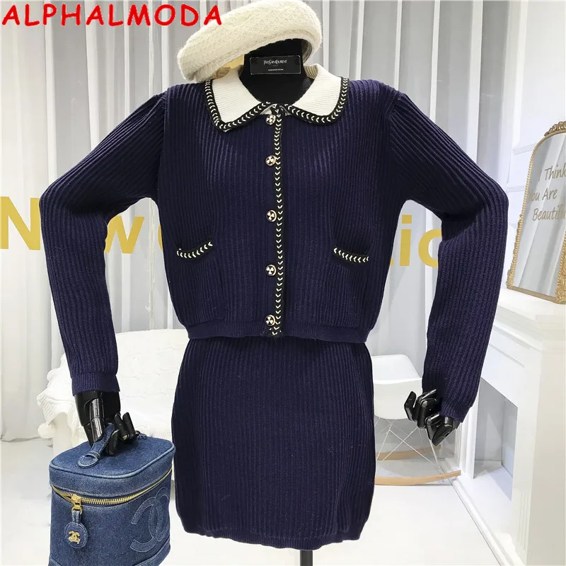 ALPHALMODA Новый однобортный вязаный джемпер + мини-юбка женский ретро комплект