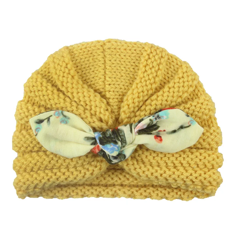 Вязаная Детская зимняя шапка для девочек, 12 цветов, детская шапочка-тюрбан с жемчугом, детская шапка, шапка для новорожденных девочек, аксессуары для малышей - Цвет: Yellow bunny