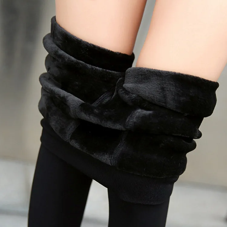 Leggings Women Winter Warm Flannel Thermal Skinny Thick High Elastic Waist Leggings Pants Velvet Female Casual Cashmere Trousers - Color: black
