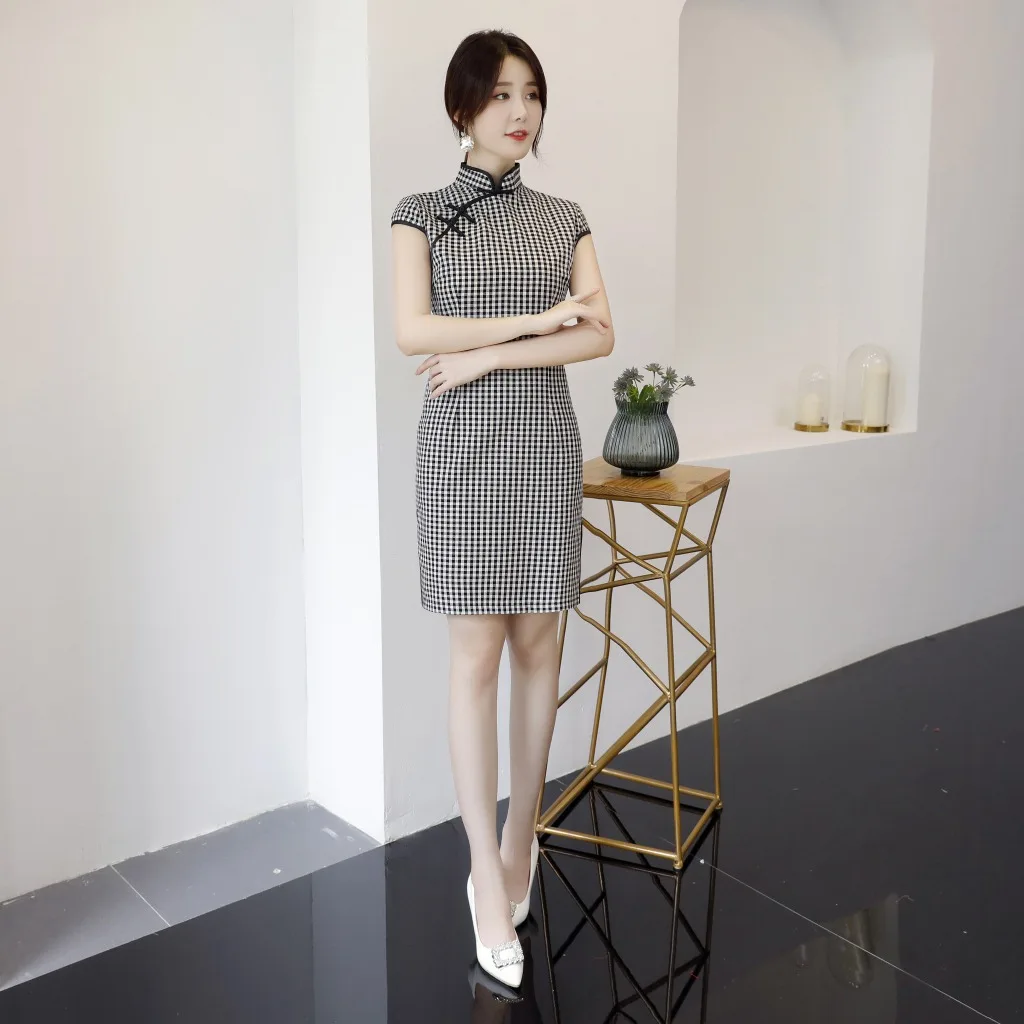 

Modified Version New Cheongsam nian qing kuan Short-sleeve Dress Plaid Daily Life GIRL'S Students Short Chinese-style Slim Fit