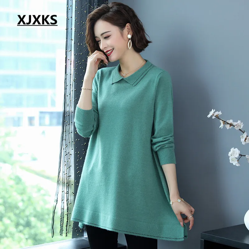 

XJXKS 2022 autumn winter new fashion lapel women long sweater loose plus size comfortable cashmere knitted dress women pullover