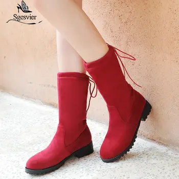

Sgesvier Boots Women Winter Shoes Casual Woman Mid Calf Boots Black Red Soft Comfortable Female Footwear Round Toe Half Boots