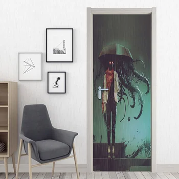 

2pcs Halloween Door Decal Devil Under Umbrella Paste Cinema Ornament Party Scene Layout Halloween Accessories for Mall Cinema Ha