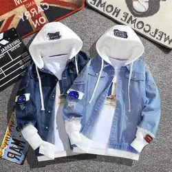 Casaco básico com capuz bombardeiros tecido do vintage retalhos denim jaqueta feminina cowboy jeans outono desgastado rasgado buraco jean jaqueta