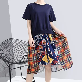 

Summer Fashion Pattern Printed Dress Cuasual Loose Round Neck Short Sleeve Patchwork Irregular Mini Dress Big Size