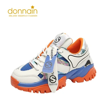 

DONNAIN Fashion Colorful Cow Leather Sneakers Women Breathable Mesh Flats Lace up Chunky Sneakers Wedges Casual Shoes Dad Shoes