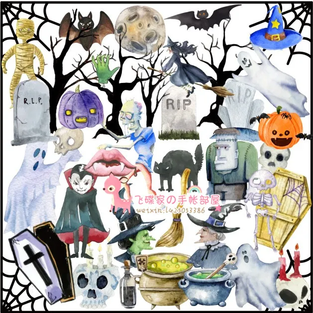 

42pcs Cartoon Halloween, vampires, witches, castles, zombies, dead trees, pumpkins, bats, spider webs of decoration stickers