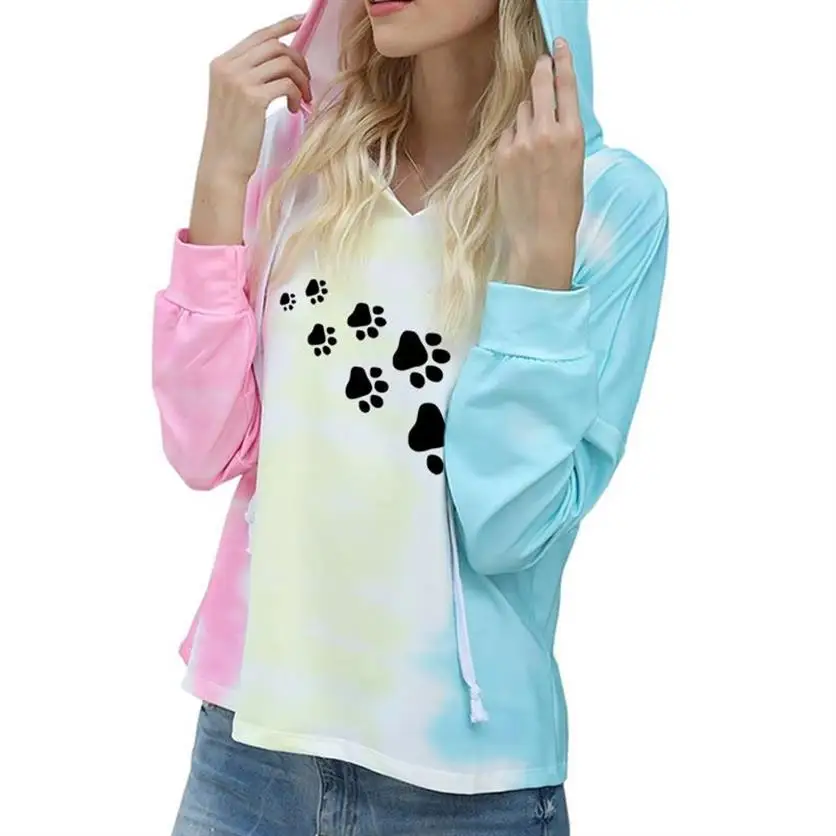 Dog Paw Print Hoodies For Women Tie-Dye Hooded Long-Sleeved Sweatshirt Tops Sweatshirts Corduroy Oversize Ladies Pullovers