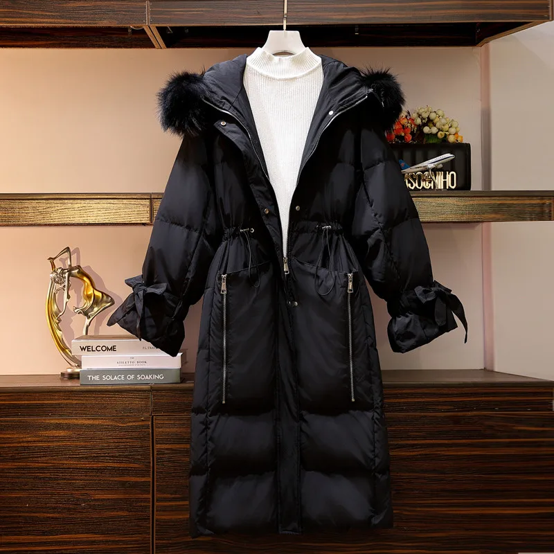 Повседневное зимнее женское пальто с большим меховым воротником, уплотненная теплая длинная пуховая парка с капюшоном, верхняя одежда размера плюс, пуховики, топы G448