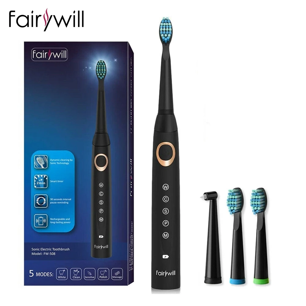 Fairywill 508 Sonic Electric Toothbrush Rechargeable 3 Brush Heads 2 Mins Timer Brush 5 Modes Fast Charge Tooth Brush for Adults Fairywill 508 Sonic Electric Toothbrush Rechargeable 3 Brush Heads 2 Mins Timer Brush 5 Modes Fast Charge Tooth Brush for Adults