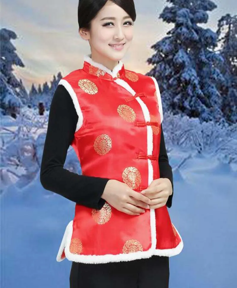 Chinese Traditional Women Cotton Vest Autumn Winter Jacket Satin Tang Suit Ladies Casual Red Keep Warm Clothes Women Chinese Shirt Women Cheongsam Waistcoat