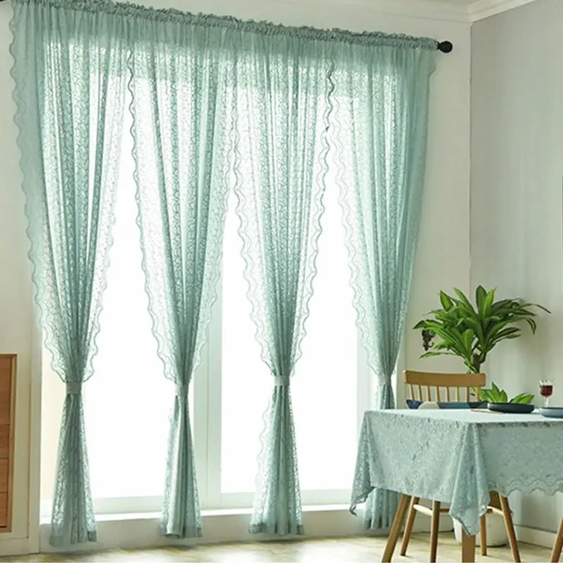 

Korean Romantic Jacquard Floral Lace Window Curtain Panels with Scalloped Bottom Rod Pocket Sheer Drapes Bedroom Home Decoration