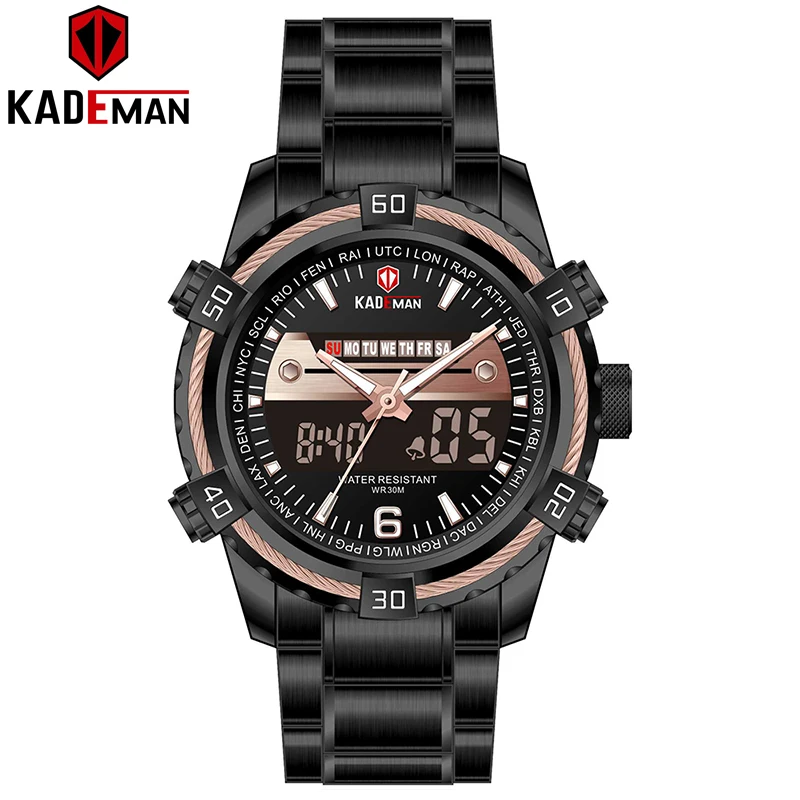 

KADEMAN 2019 Mens Brand Fashion Sports Quartz Watches Leather Waterproof LED Digital Display Alarm Business Relogio Masculino