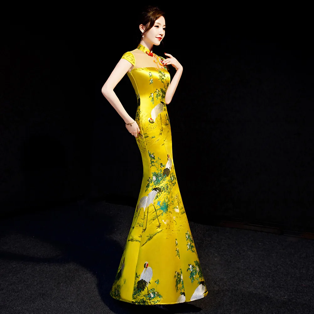 Желтый китайский стиль женские свадебные Cheongsam ретро сексуальные тонкие