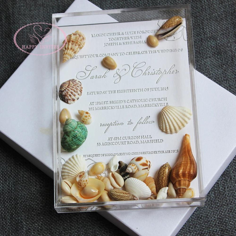 HI4082-02 Fantastic Acrylic Box Invitation with Natural Shellfishes Conches for Beach Wedding Factory Price Made in China