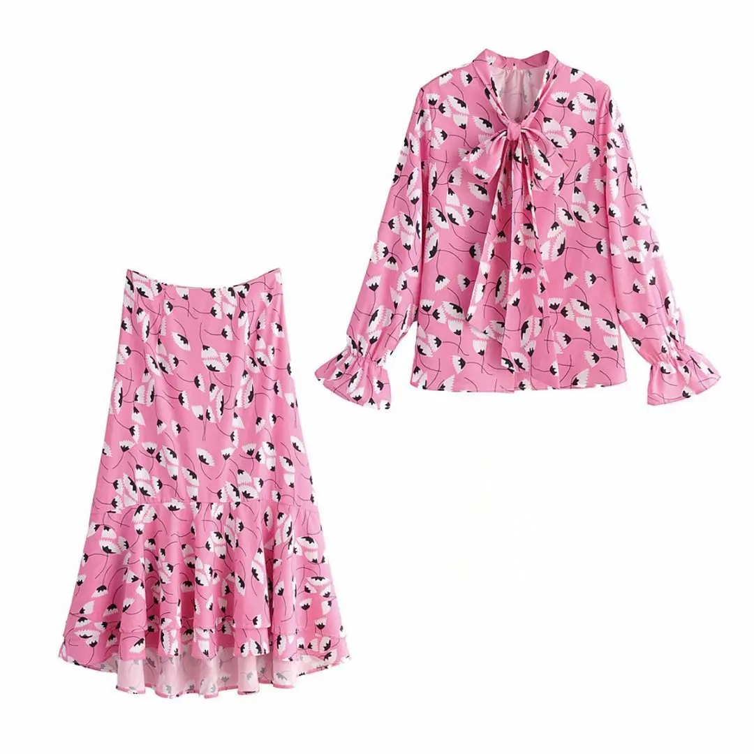 

Western Style WOMEN'S Dress 2019 Winter New Style Bowtie Bow Print Shirt Skirt Set A9bs9513