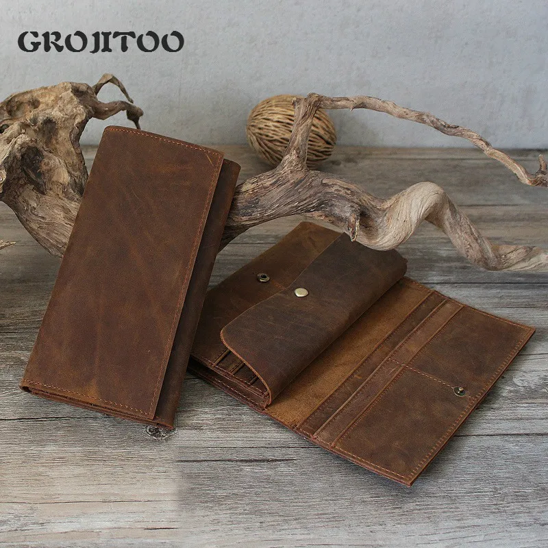 

GROJITOO Long Wallet Vintage Genuine Leather Men Crazy Horse Thin Slight Hand Male Clutch Phone Bag Purse Pocket Mens Gift
