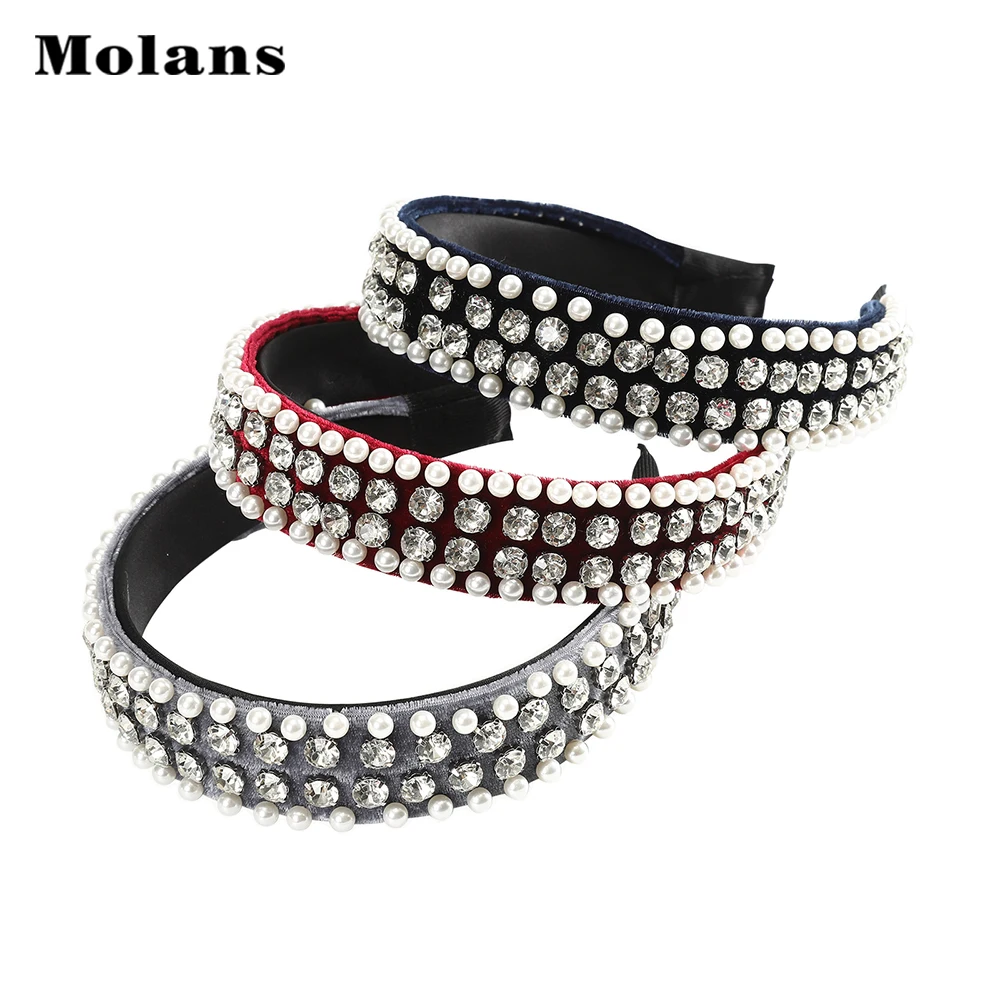 

MOLANS New Rhinestone Pearl Solid Headband Fashion Elegant Women's Wide Hair Bands Bezel Hiar Accessories Hair Hoop Headwear