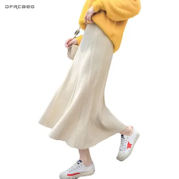 

High Waist Women Knitted Long Skirts 2019 Autumn Winter Casual Pleated Skirt Ladies Large Swing Faldas Saias Longa