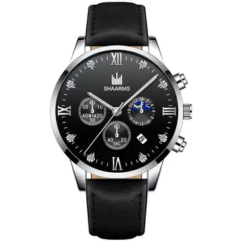 

SHAARMS Leather Band Watch For Men Stainless Steel Analog Quartz Wristwatch Male Man Fashion Casual Watches Relogio Masculino