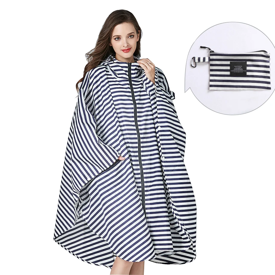3 Colors fashion stripes design women mens waterproof big rain capes poncho hooded coat with zipper bag for cycling