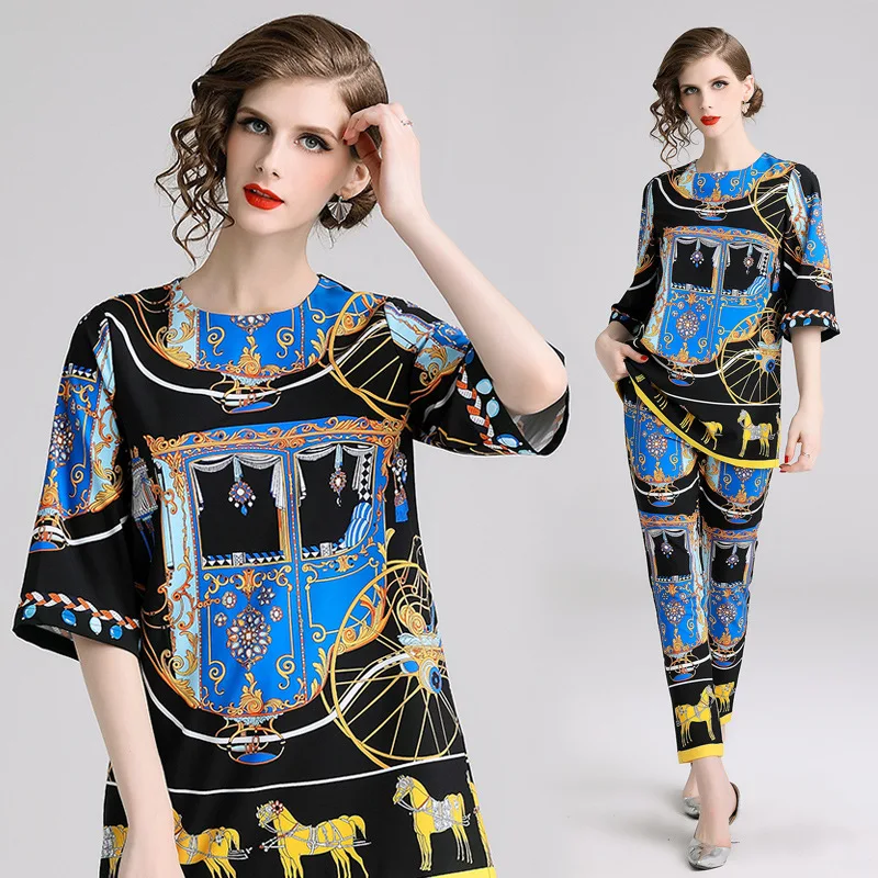

2019 Spring And Summer New Style Europe And America Women's Dress Crew Neck Three-quarter-length Sleeve Tops T-shirt Capri Skinn