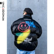 UNCLEDONJM теплая зимняя мужская куртка, Модная парка со смайликом, верхняя одежда, уличная одежда, свободные куртки на молнии, пальто в стиле хип-хоп, парка 309